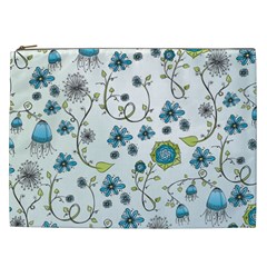 Blue Whimsical Flowers  On Blue Cosmetic Bag (xxl)