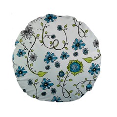 Blue Whimsical Flowers  On Blue 15  Premium Round Cushion  by Zandiepants