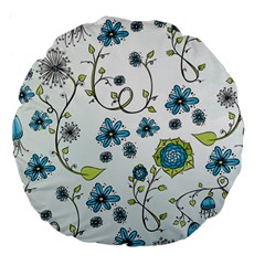 Blue Whimsical Flowers  On Blue 18  Premium Round Cushion  by Zandiepants