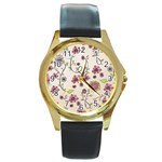 Pink Whimsical flowers on beige Round Leather Watch (Gold Rim)  Front