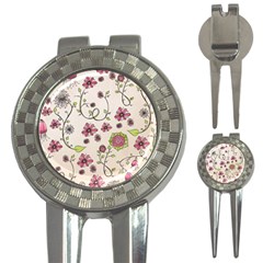 Pink Whimsical Flowers On Beige Golf Pitchfork & Ball Marker by Zandiepants