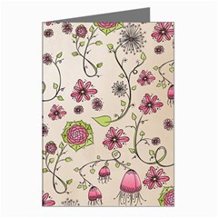 Pink Whimsical Flowers On Beige Greeting Card (8 Pack) by Zandiepants