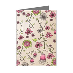 Pink Whimsical Flowers On Beige Mini Greeting Card by Zandiepants