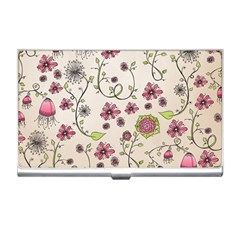 Pink Whimsical Flowers On Beige Business Card Holder by Zandiepants