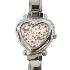 Pink Whimsical Flowers On Beige Heart Italian Charm Watch  by Zandiepants