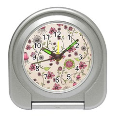 Pink Whimsical Flowers On Beige Desk Alarm Clock by Zandiepants