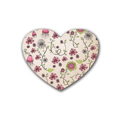 Pink Whimsical Flowers On Beige Drink Coasters (heart) by Zandiepants