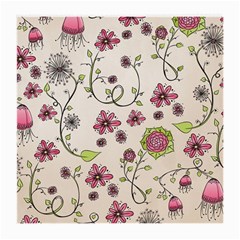 Pink Whimsical Flowers On Beige Glasses Cloth (medium) by Zandiepants