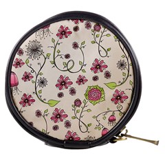 Pink Whimsical Flowers On Beige Mini Makeup Case by Zandiepants