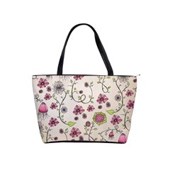 Pink Whimsical Flowers On Beige Large Shoulder Bag by Zandiepants