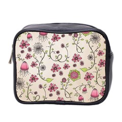 Pink Whimsical Flowers On Beige Mini Travel Toiletry Bag (two Sides) by Zandiepants