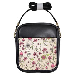 Pink Whimsical Flowers On Beige Girl s Sling Bag by Zandiepants