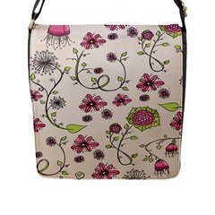 Pink Whimsical Flowers On Beige Flap Closure Messenger Bag (large) by Zandiepants