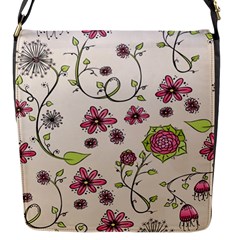 Pink Whimsical Flowers On Beige Flap Closure Messenger Bag (small) by Zandiepants