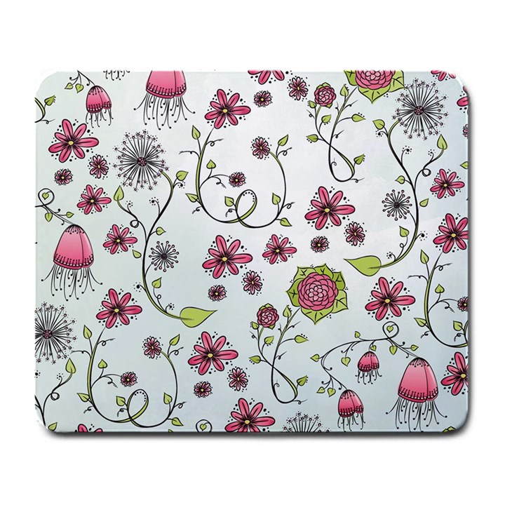 Pink whimsical flowers on blue Large Mouse Pad (Rectangle)