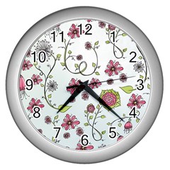 Pink Whimsical Flowers On Blue Wall Clock (silver) by Zandiepants