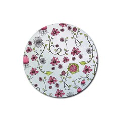 Pink Whimsical Flowers On Blue Drink Coaster (round) by Zandiepants