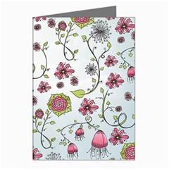 Pink Whimsical Flowers On Blue Greeting Card (8 Pack) by Zandiepants