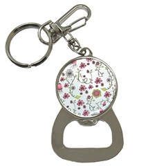 Pink Whimsical Flowers On Blue Bottle Opener Key Chain by Zandiepants