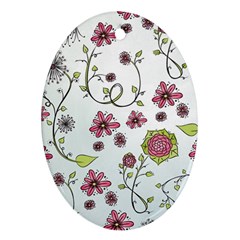 Pink Whimsical Flowers On Blue Oval Ornament (two Sides) by Zandiepants