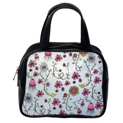 Pink Whimsical Flowers On Blue Classic Handbag (one Side) by Zandiepants