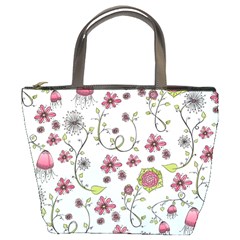 Pink Whimsical Flowers On Blue Bucket Handbag by Zandiepants