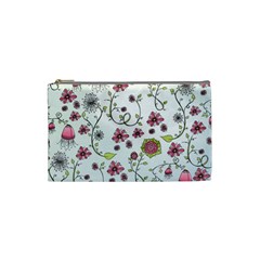 Pink Whimsical Flowers On Blue Cosmetic Bag (small) by Zandiepants