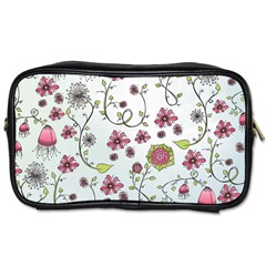 Pink Whimsical Flowers On Blue Travel Toiletry Bag (two Sides) by Zandiepants