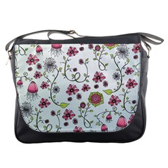 Pink Whimsical Flowers On Blue Messenger Bag by Zandiepants