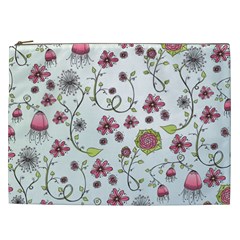 Pink Whimsical Flowers On Blue Cosmetic Bag (xxl) by Zandiepants