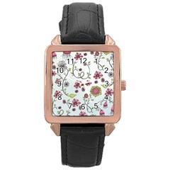 Pink Whimsical Flowers On Blue Rose Gold Leather Watch  by Zandiepants