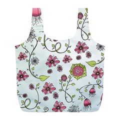 Pink Whimsical Flowers On Blue Reusable Bag (l) by Zandiepants