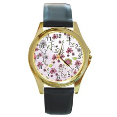 Pink Whimsical Flowers On Pink Round Leather Watch (gold Rim)  by Zandiepants