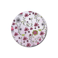 Pink Whimsical Flowers On Pink Drink Coaster (round) by Zandiepants