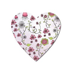 Pink Whimsical Flowers On Pink Magnet (heart)