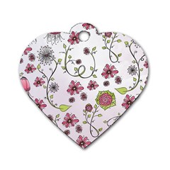 Pink Whimsical Flowers On Pink Dog Tag Heart (one Sided)  by Zandiepants