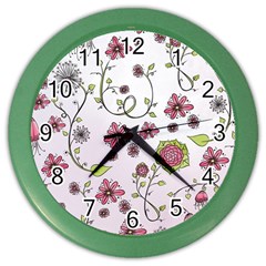 Pink Whimsical Flowers On Pink Wall Clock (color) by Zandiepants