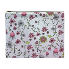 Pink Whimsical Flowers On Pink Cosmetic Bag (xl)