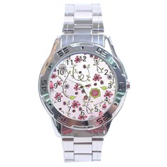 Pink Whimsical Flowers On Pink Stainless Steel Watch by Zandiepants