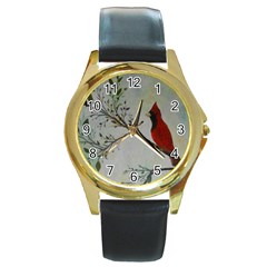 Sweet Red Cardinal Round Leather Watch (Gold Rim) 