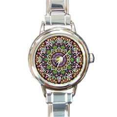 Psychedelic Leaves Mandala Round Italian Charm Watch by Zandiepants