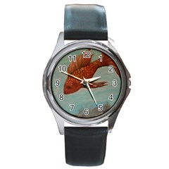 Gold Fish Round Leather Watch (silver Rim)