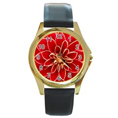 Red Dahila Round Leather Watch (gold Rim)  by Colorfulart23