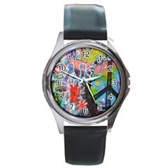 Prague Graffiti Round Leather Watch (Silver Rim)