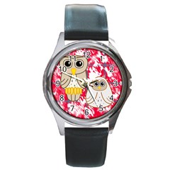 Two Owls Round Leather Watch (silver Rim) by uniquedesignsbycassie
