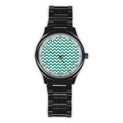 Emerald Green And White Zigzag Sport Metal Watch (black) by Zandiepants