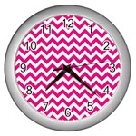 Hot Pink And White Zigzag Wall Clock (Silver) Front