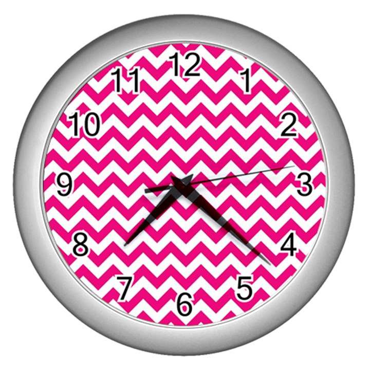 Hot Pink And White Zigzag Wall Clock (Silver)