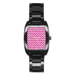 Hot Pink And White Zigzag Stainless Steel Barrel Watch by Zandiepants