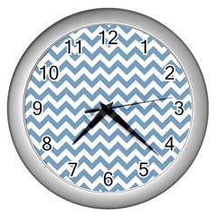 Blue And White Zigzag Wall Clock (silver) by Zandiepants